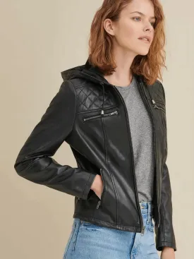 Women’s Black Leather Hooded Biker Jacket