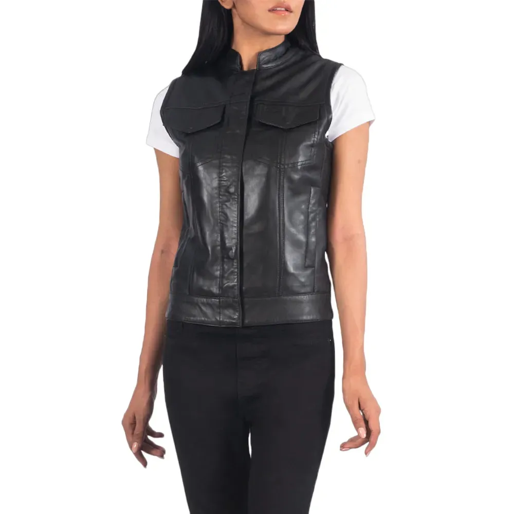 Womens Black Leather Motorcycle Vest