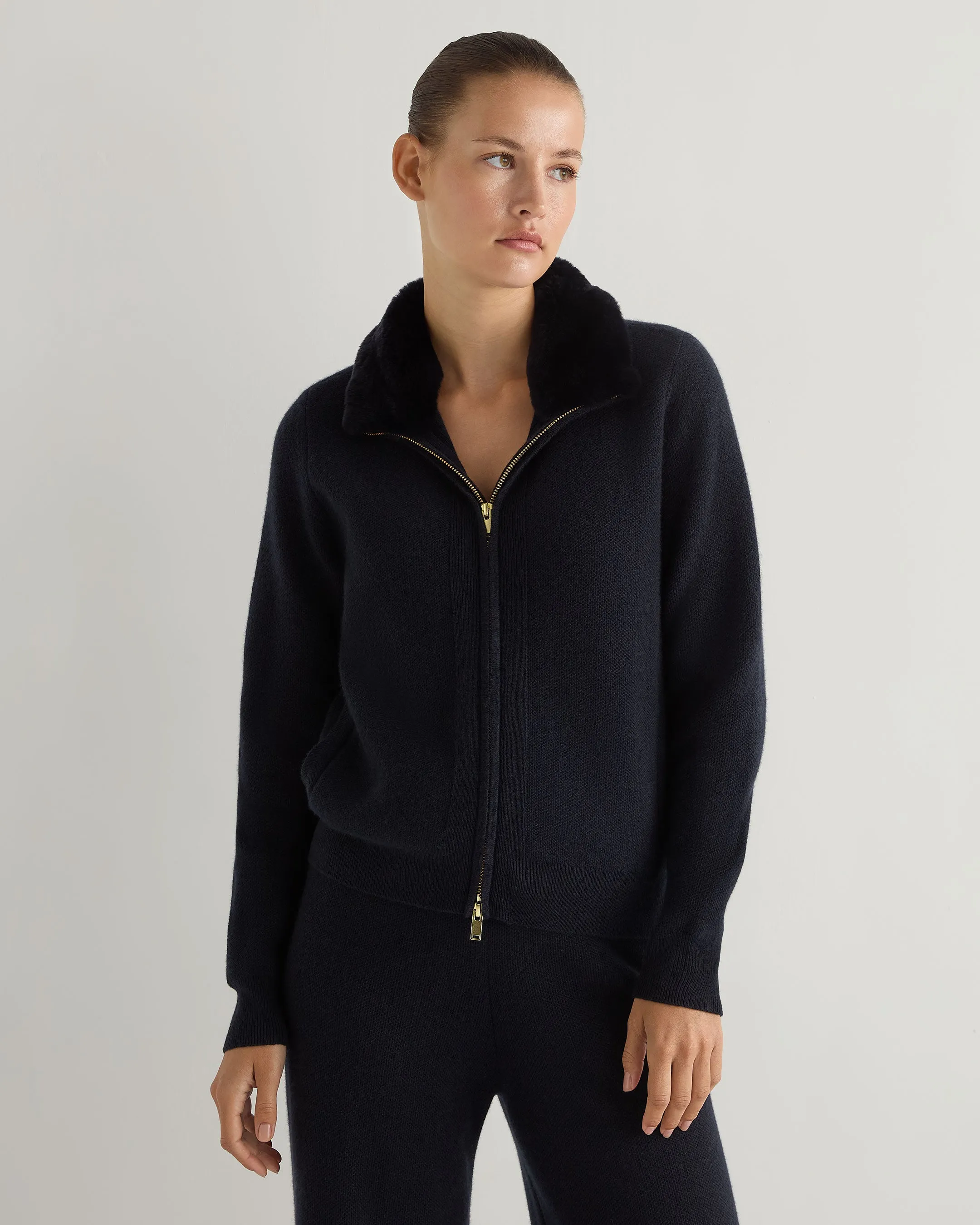 Women's Honeycomb Full Zip Cashmere Jumper With Fur Trim Navy Blue