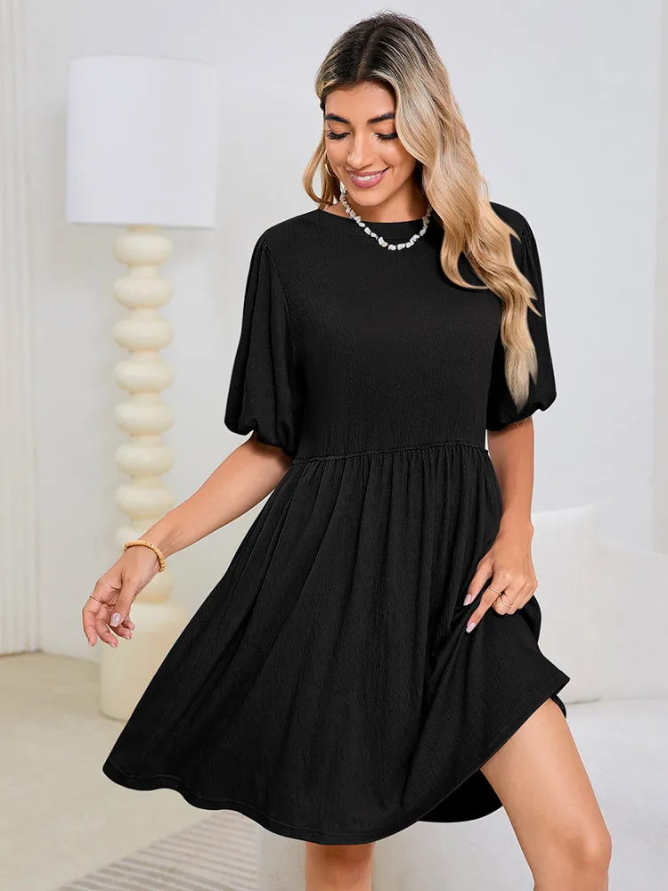 Women's Swimsuit Cover Up Dress Crew Neck Tunic Bathing Suit Beach Mini Tiered Babydoll Dress Casual