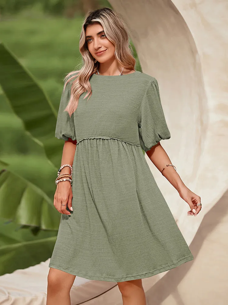 Women's Swimsuit Cover Up Dress Crew Neck Tunic Bathing Suit Beach Mini Tiered Babydoll Dress Casual