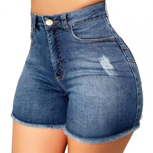 Yeknu Women's denim shorts Summer Lady Clothing High Waist Denim Shorts Women's  Fringe Frayed Ripped Jeans Hot Shorts With Pockets