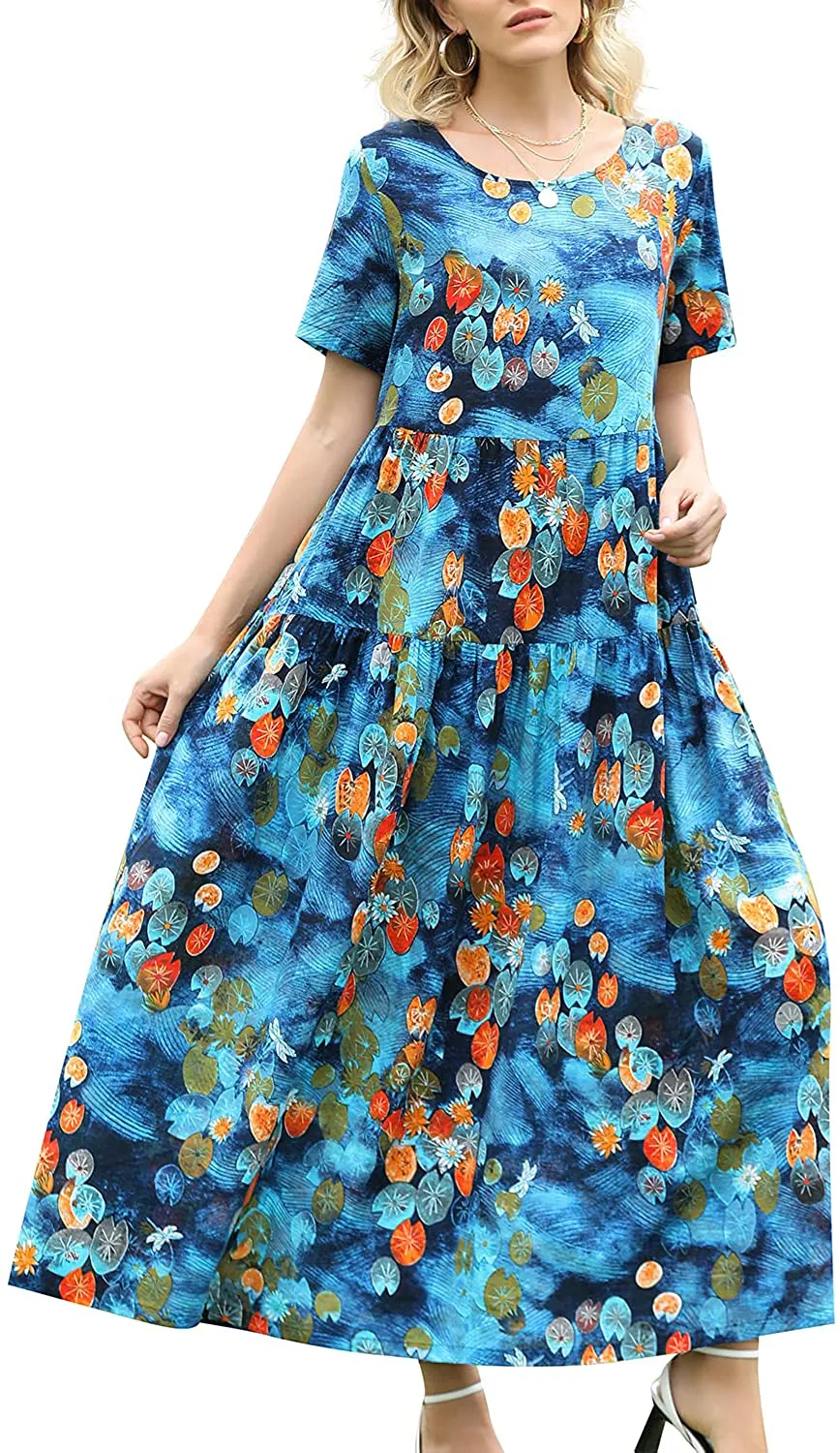 YESNO Women Casual Loose Bohemian Floral Dress with Pockets Short Sleeve Long Maxi Summer Beach Swing Dress EJF