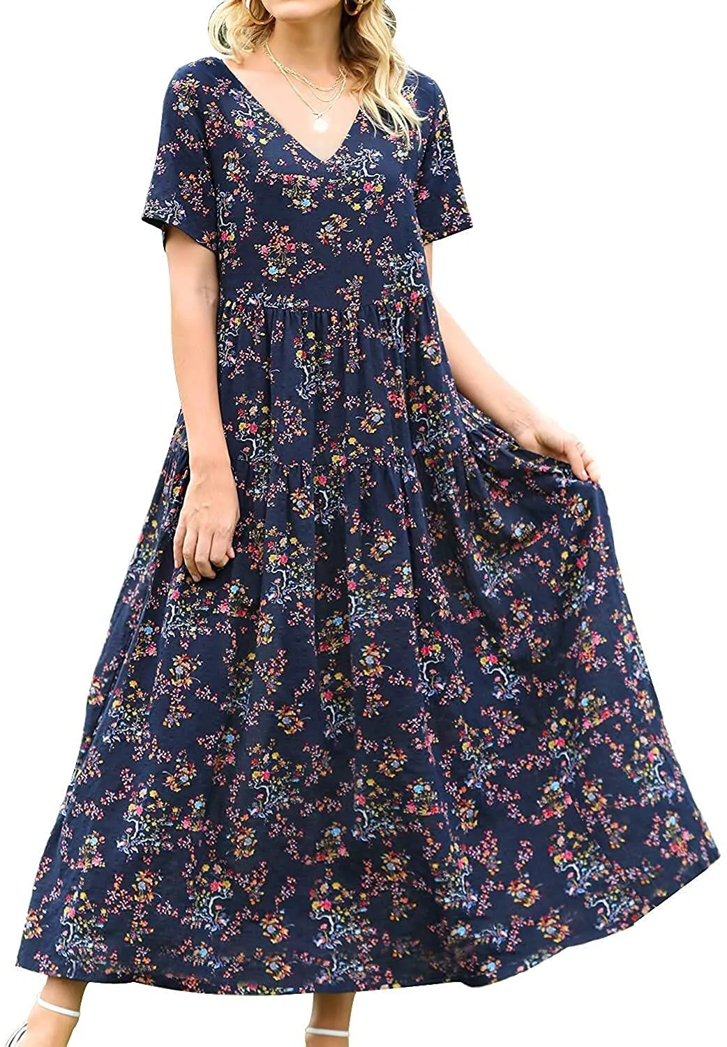 YESNO Women Casual Loose Bohemian Floral Dress with Pockets Short Sleeve Long Maxi Summer Beach Swing Dress EJF