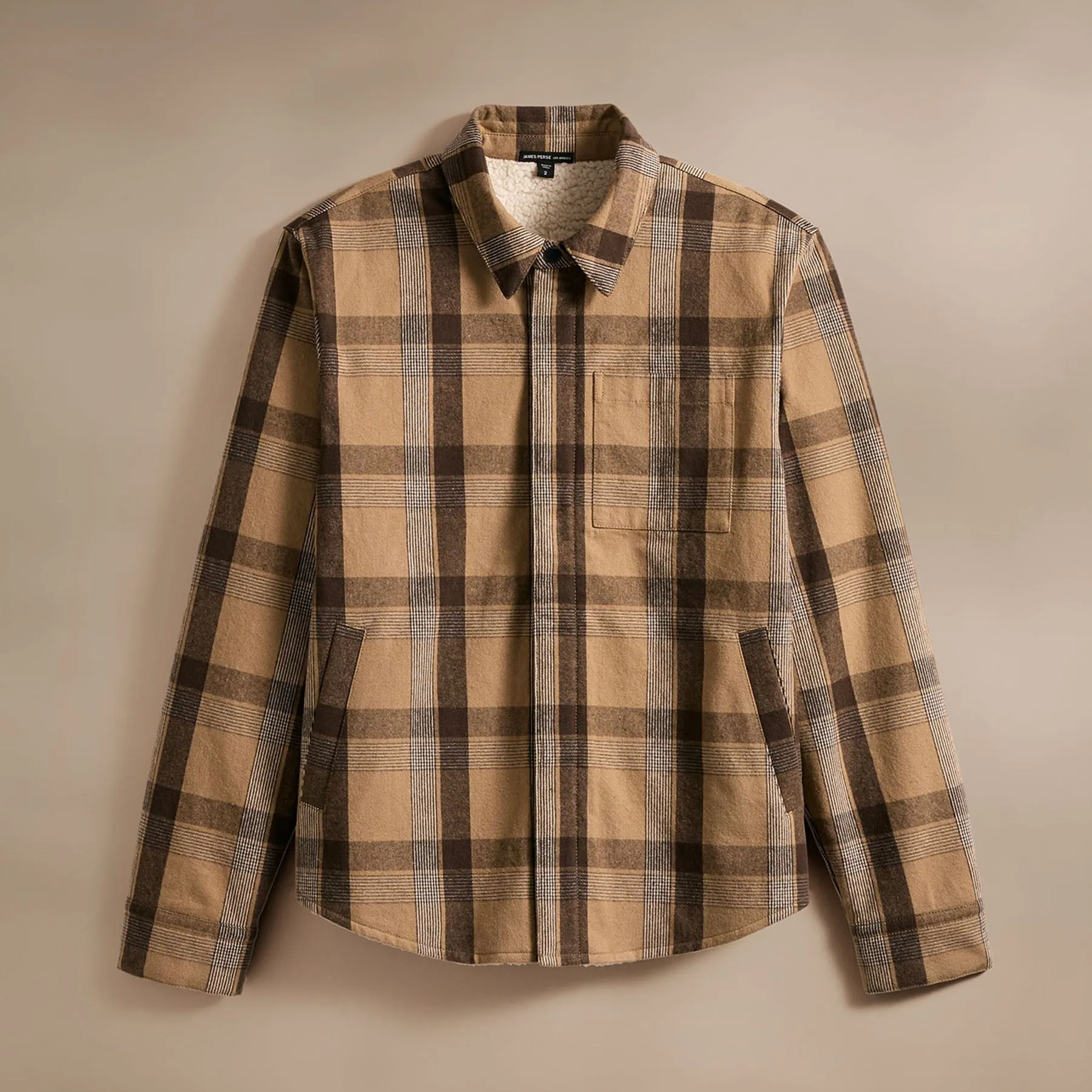 Zip Front Sherpa Lined Plaid Jacket - Tan/Brown